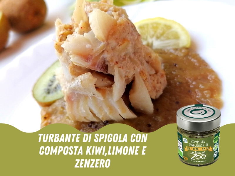 Receta de turbante de lubina con compota de kiwi, limón y jengibre Le terre di zoè