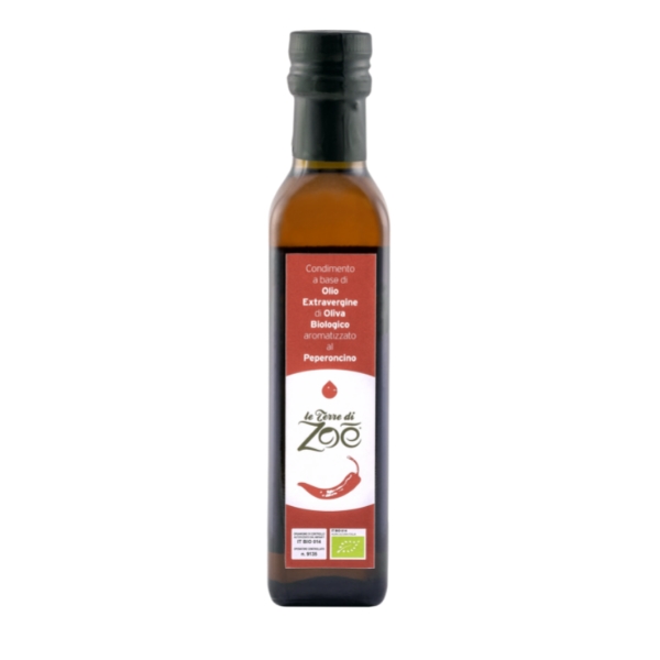 Condiment à base d'huile d'olive extra vierge biologique de Calabre aromatisé au piment Le terre di zoè