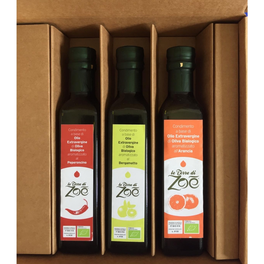 Bio Box con 3 aderezos con sabor a naranja, bergamota y ají Le terre di zoè 1