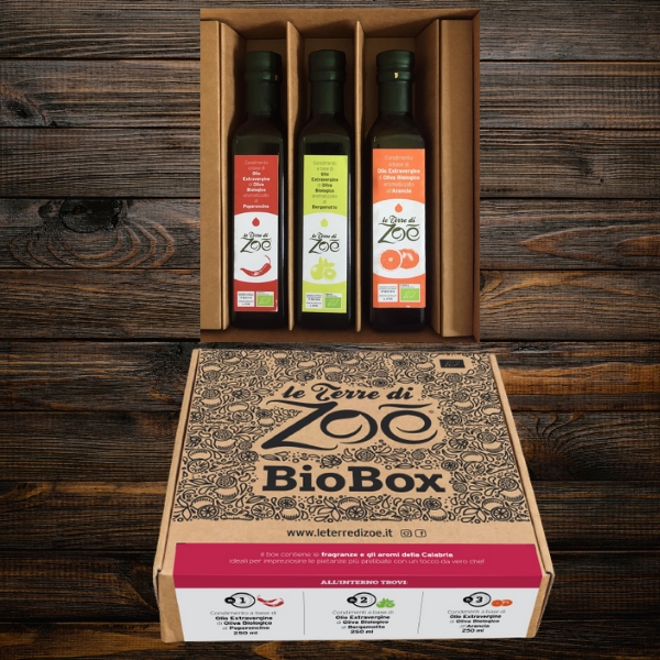 Bio Box con 3 aderezos con sabor a naranja, bergamota y ají Le terre di zoè