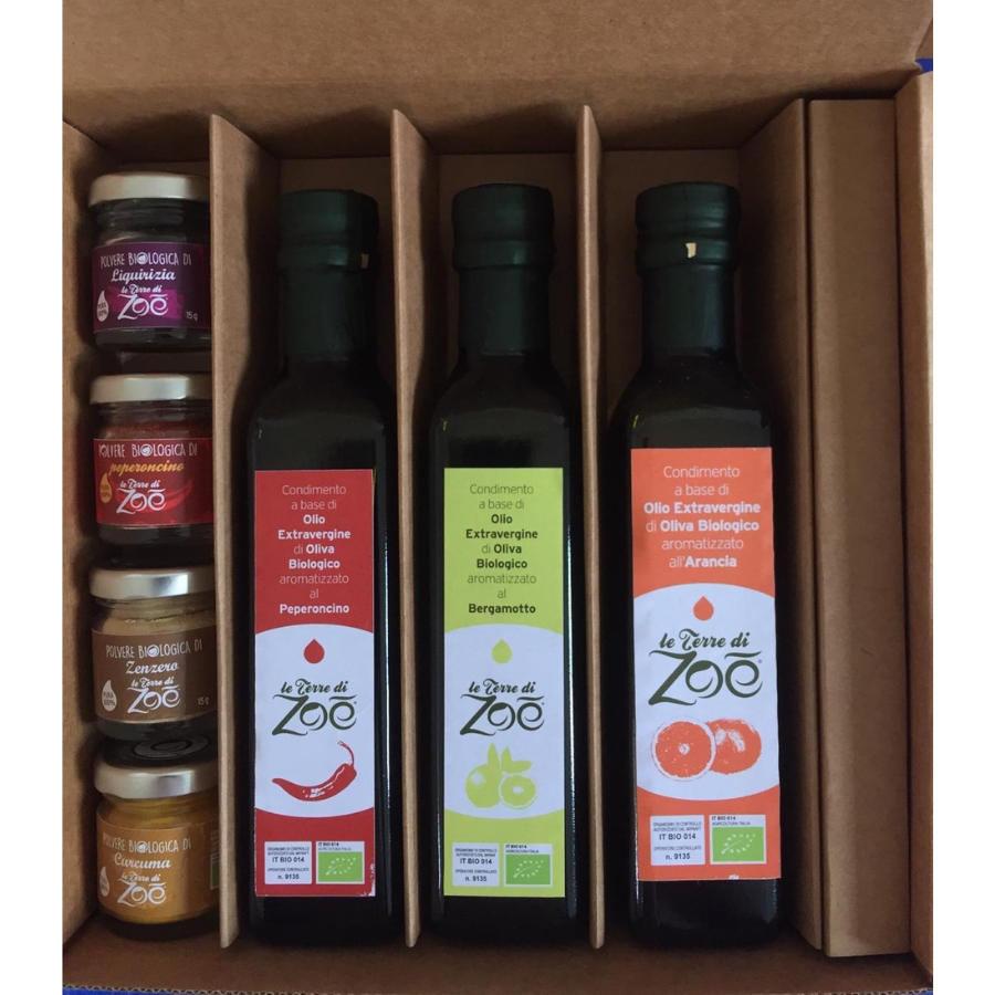 Bio Box with 3 flavored condiments and 4 Bio spices Le terre di zoè 1