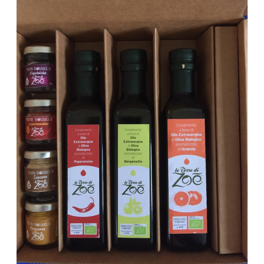 Boîte Bio avec 3 condiments aromatisés et 4 épices Bio Le terre di zoè 1