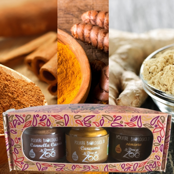 Tris Spices Cinnamon Cassia, Kurkuma, Ingwer mit Geschenkbox Le Terre di Zoè
