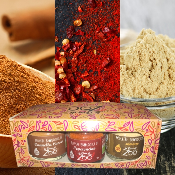 Tris Spices Canela Cassia, Guindilla, Jengibre con caja de regalo Le Terre di Zoè medium
