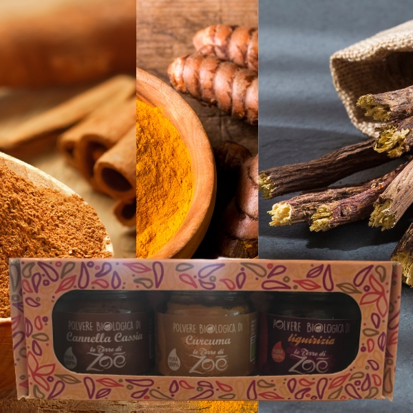 Tris Spices Cinnamon Cassia, Turmeric, Licorice with gift box Le Terre di Zoè