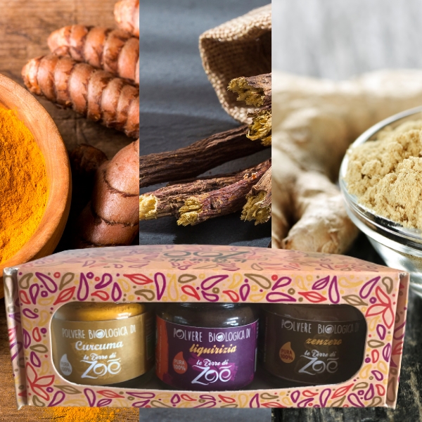Tris Spezie Curcuma, Liquirizia e Zenzero con box regalo Le terre di zoè