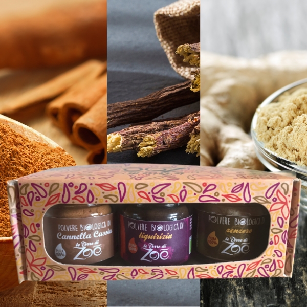 Tris Spices Canela, Regaliz y Jengibre con caja regalo Le Terre di Zoè
