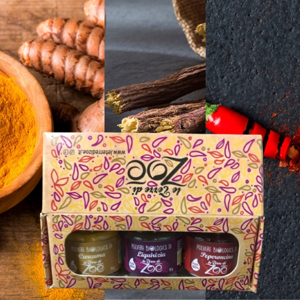 Tris Spices curcuma, réglisse et Piment avec coffret cadeau Le terre di zoè