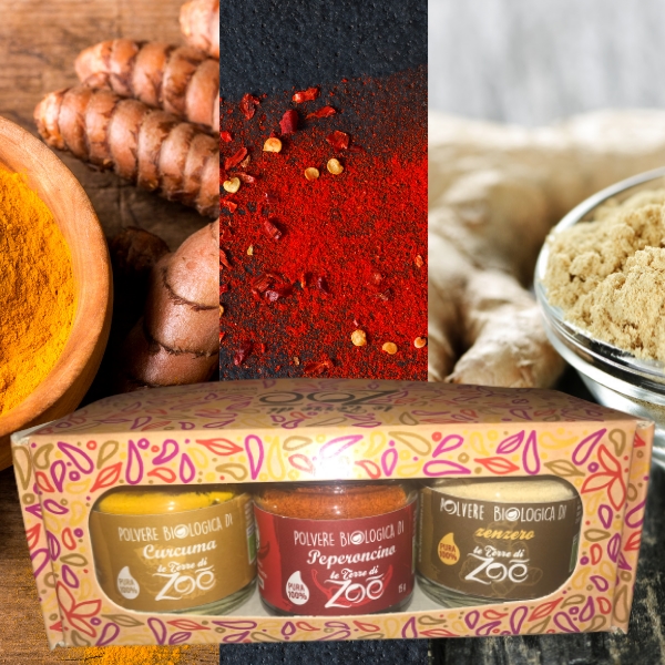 Tris Spices Cúrcuma, Ají picante y Jengibre con caja regalo Le terre di zoè