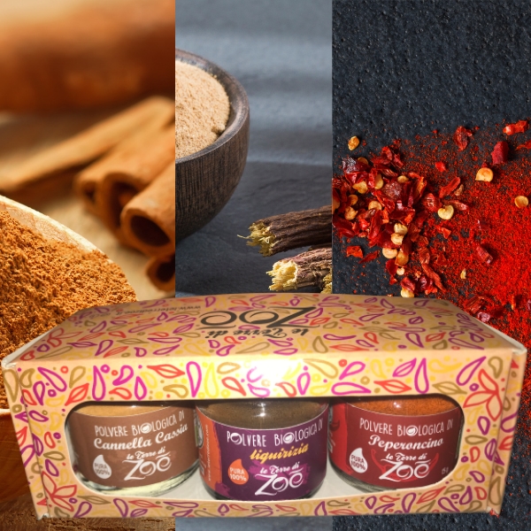 Tris Spices Cannelle Cassia, Piment, Réglisse avec coffret cadeau Le terre di zoè