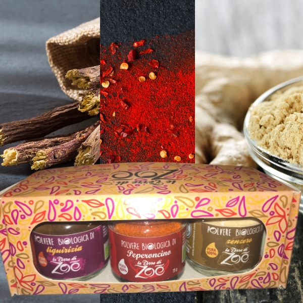Tris Spices Licorice, Chilli and Ginger with gift box Le terre di zoè
