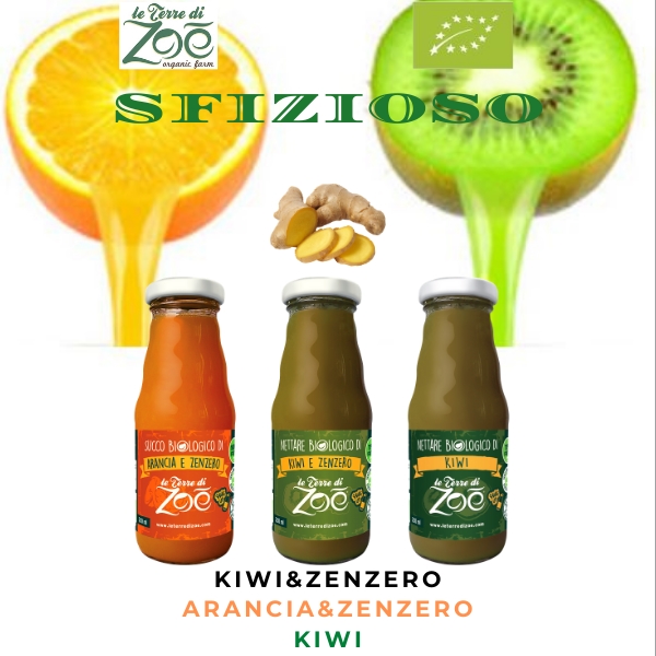 Box de 6 deliciosos jugos de 200 ml: naranja y jengibre; kiwi; kiwi y jengibre Le Terre di Zoè