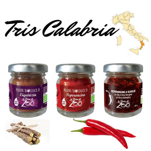 Épices Tris Calabrian: Réglisse, Piment en poudre et flocons dans l'huile Le terre di zoè