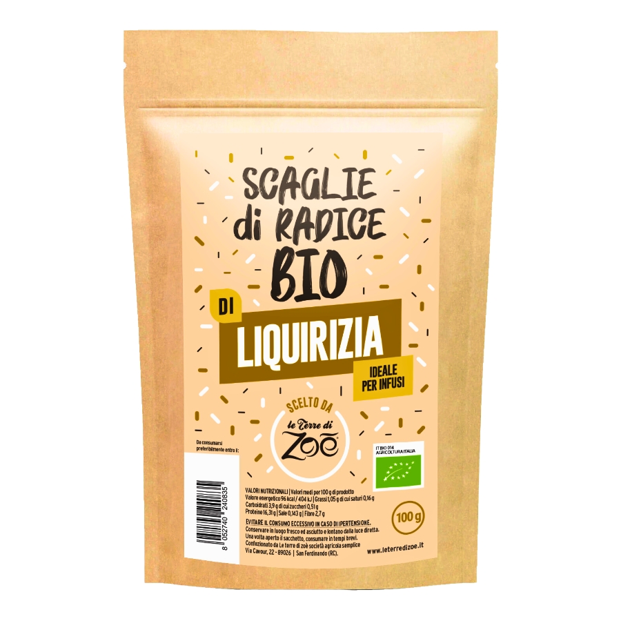 Organic liquorice root flakes in a 100g bag Le terre di zoè