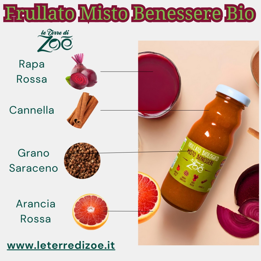 Frullato Misto Benessere Succo Arancia Rossa, Rapa Rossa,Grano Saraceno,Cannella 200ml Le terre di zoè 2