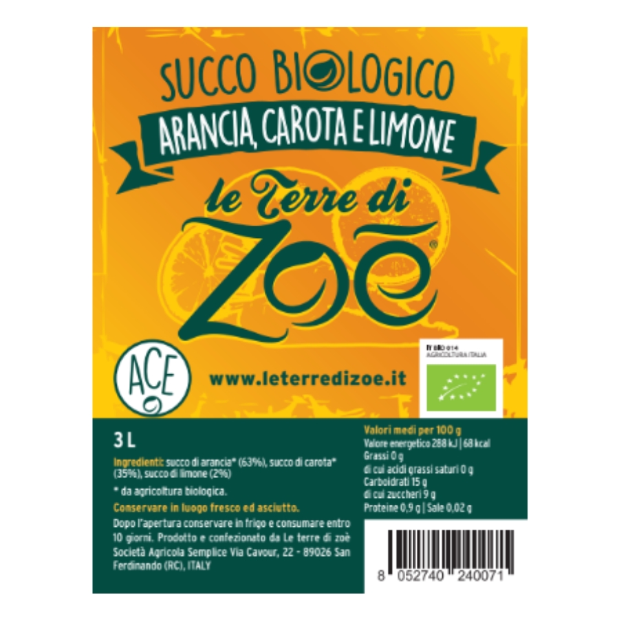 Organic Ace - Orange, Carrot and Lemon Juice 3L Le terre di zoè 1
