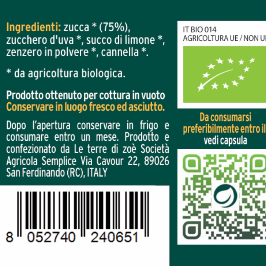 Bio-Kürbiskompott mit Gewürzen, 260 g Le terre di zoè 1
