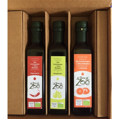 Bio Box mit 3 Dressings mit Orangen-, Bergamotten- und Chili-Pfeffer-Geschmack Le Terre di Zoè 1
