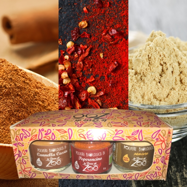 Tris Spezie Cannella Cassia, Polvere Peperoncino, Zenzero con box regalo