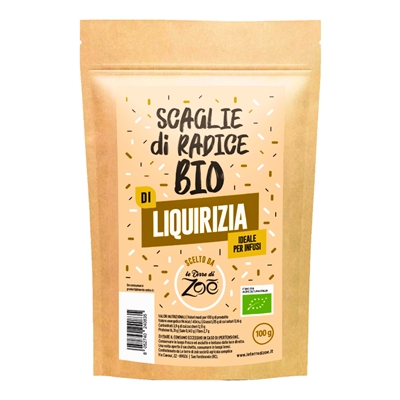 Organic liquorice root flakes in a 100g bag